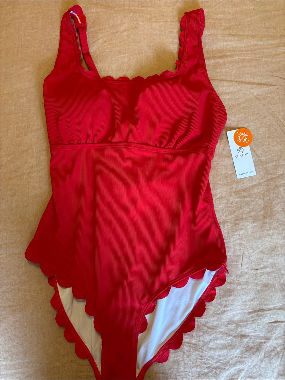 NWT Charmo Women's Red Scallop-Trim One-Piece Swimsuit Large